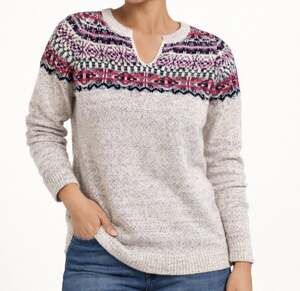 J. Jill Fair Isle Split-Neck Pullover Sweater in Oatmeal Heather XS Petite Class